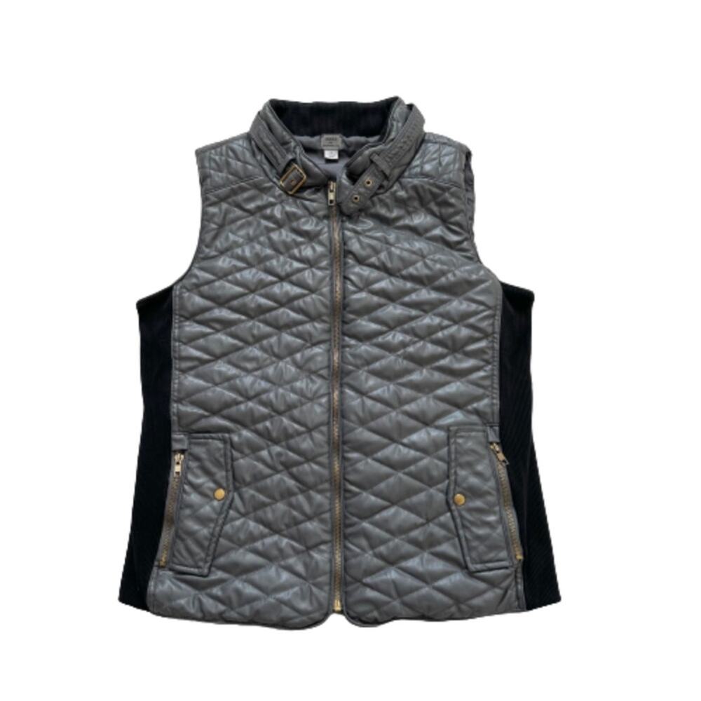 Poof Quilted Vest Coat Gray Faux Leather Quilted Knit Side Panel Pockets Small